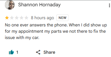 One-star Google review from Shannon Hornaday