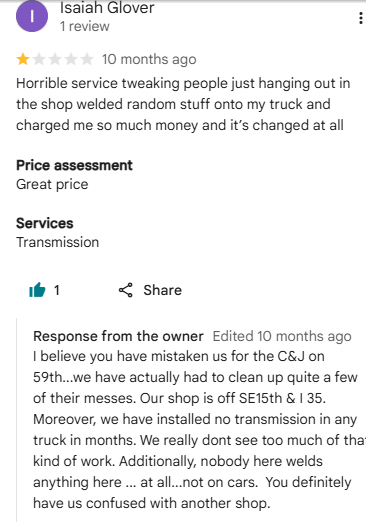 One-star Google review from Isaiah Glover