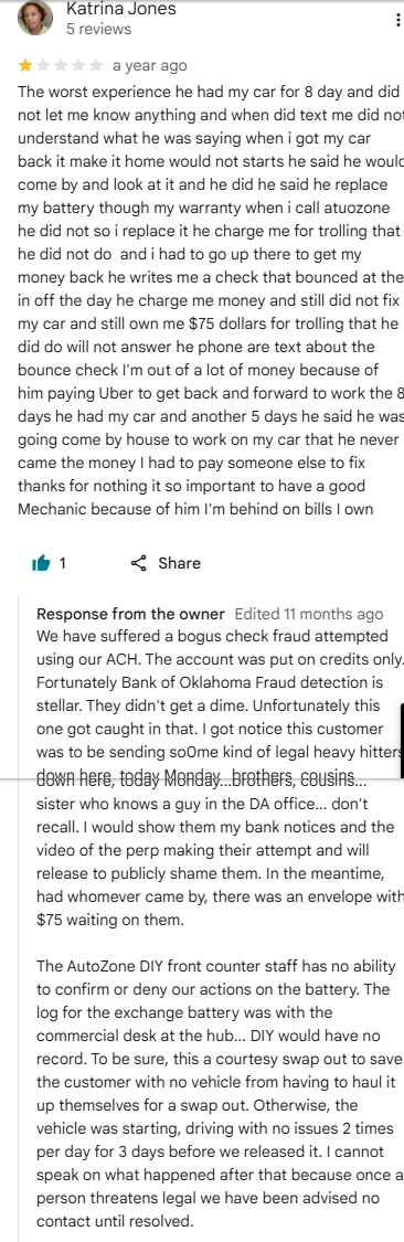 One-star Google review from Katrina Jones alleging a bounced check