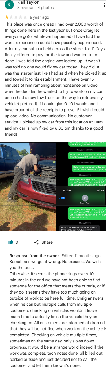 One-star Google review from Kali Taylor describing a car left in a field