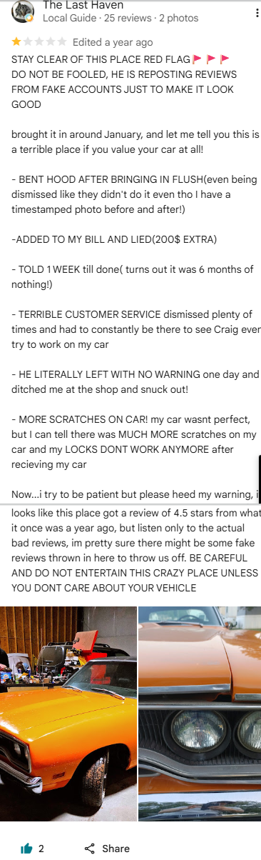 One-star Google review from The Last Haven alleging a six-month repair