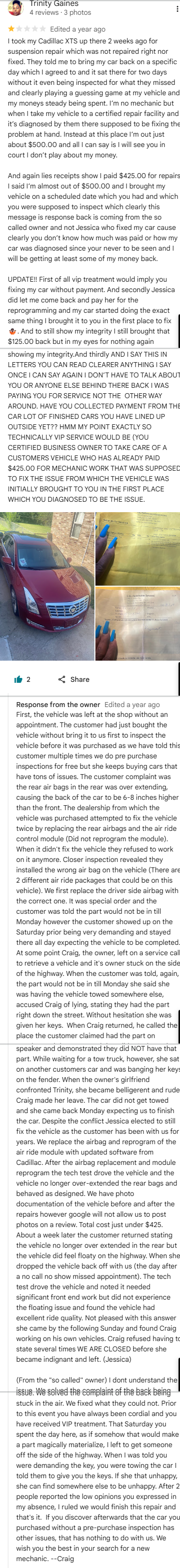 One-star Google review from Trinity Gaines about suspension repair