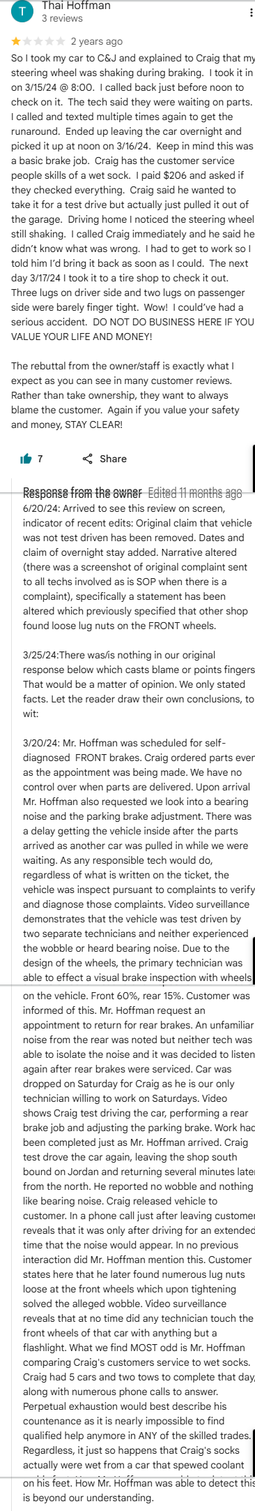 One-star Google review from Thai Hoffman about a brake job and loose lug nuts