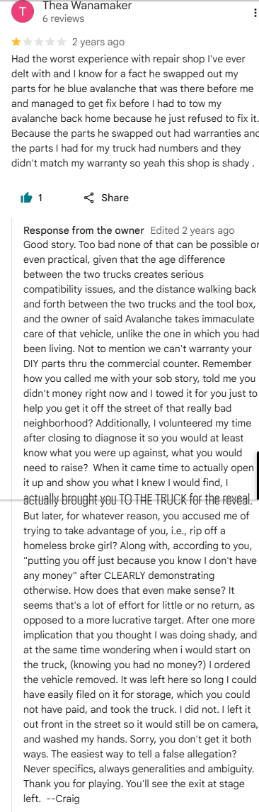 One-star Google review from Thea Wanamaker alleging swapped parts