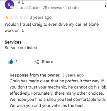 One-star Google review from K L and the shop's reply