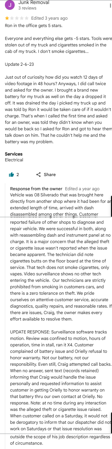 One-star Google review from Junk Removal alleging stolen tools