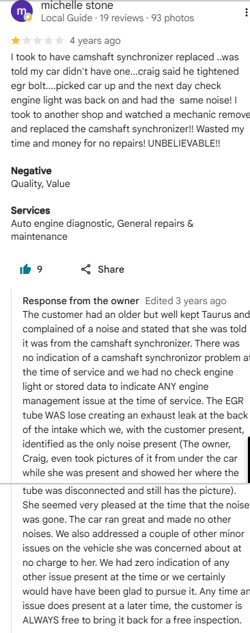 One-star Google review from michelle stone about a camshaft synchronizer