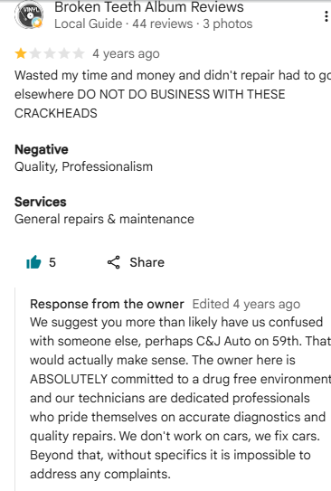 One-star Google review from Broken Teeth Album Reviews