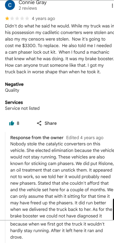 One-star Google review from Connie Gray alleging stolen catalytic converters